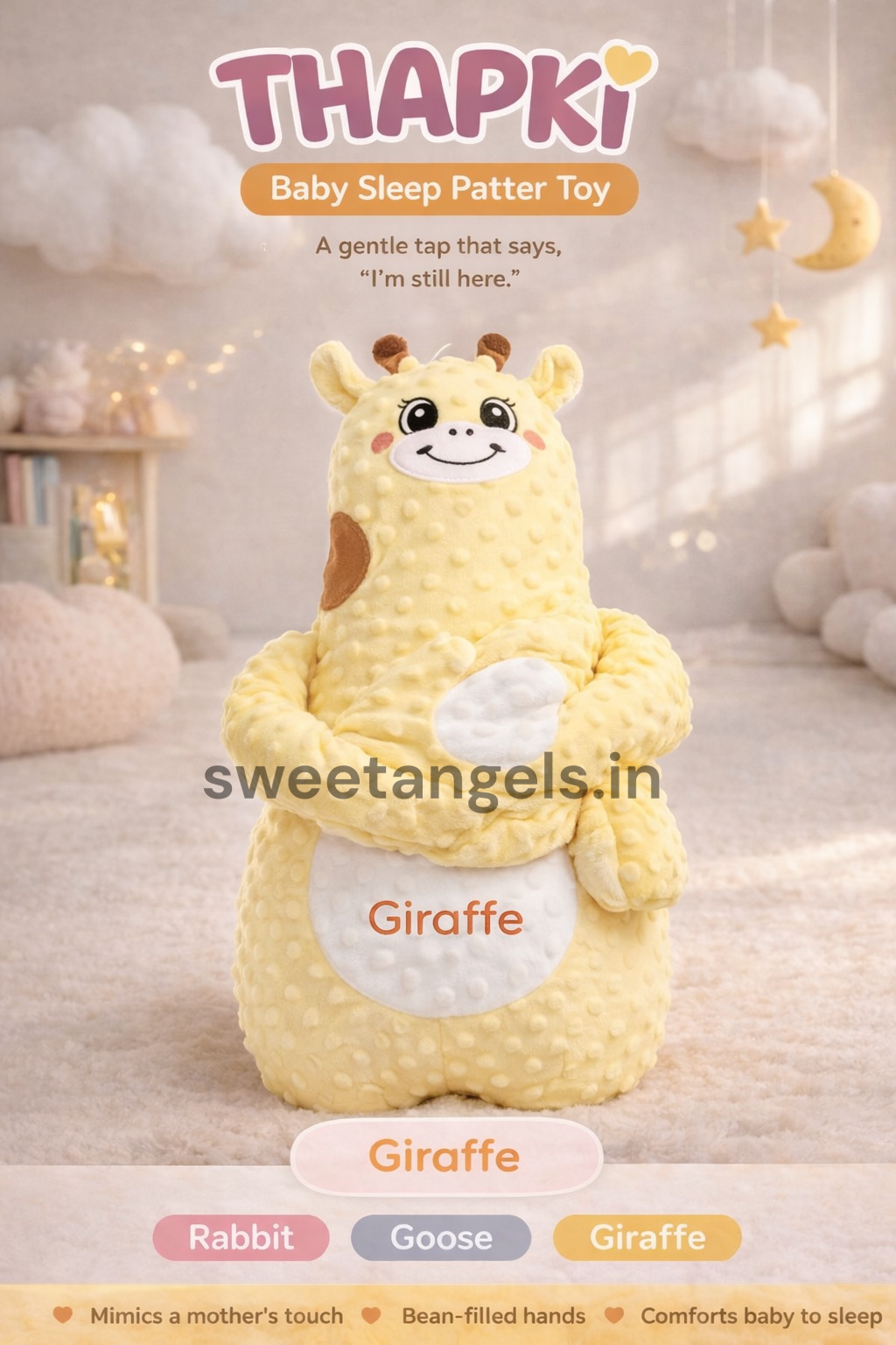THAPKI Sleep Buddy Pat Pillow Toy – Best Cry Baby Solution for Soothing Sleep Patter Giraffe Rabbit Goose