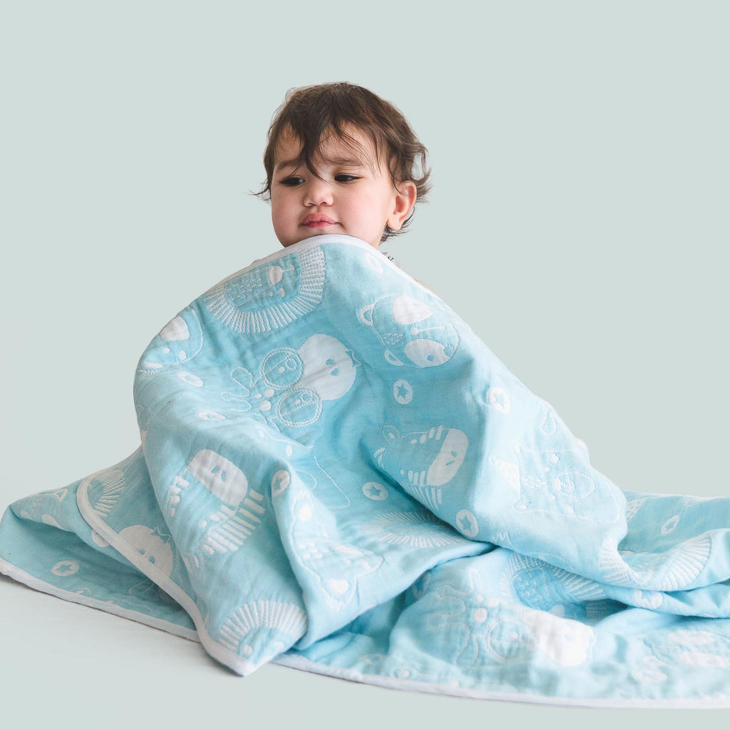 Organic Cotton  Blanket - Blue Animals image 1