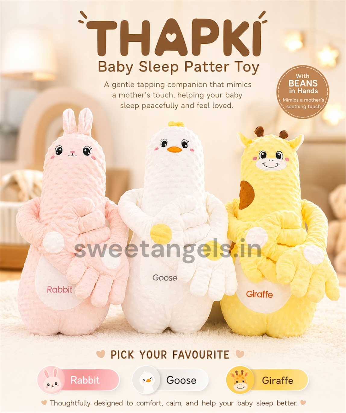 THAPKI Sleep Buddy Pat Pillow Toy – Best Cry Baby Solution for Soothing Sleep Patter Giraffe Rabbit Goose