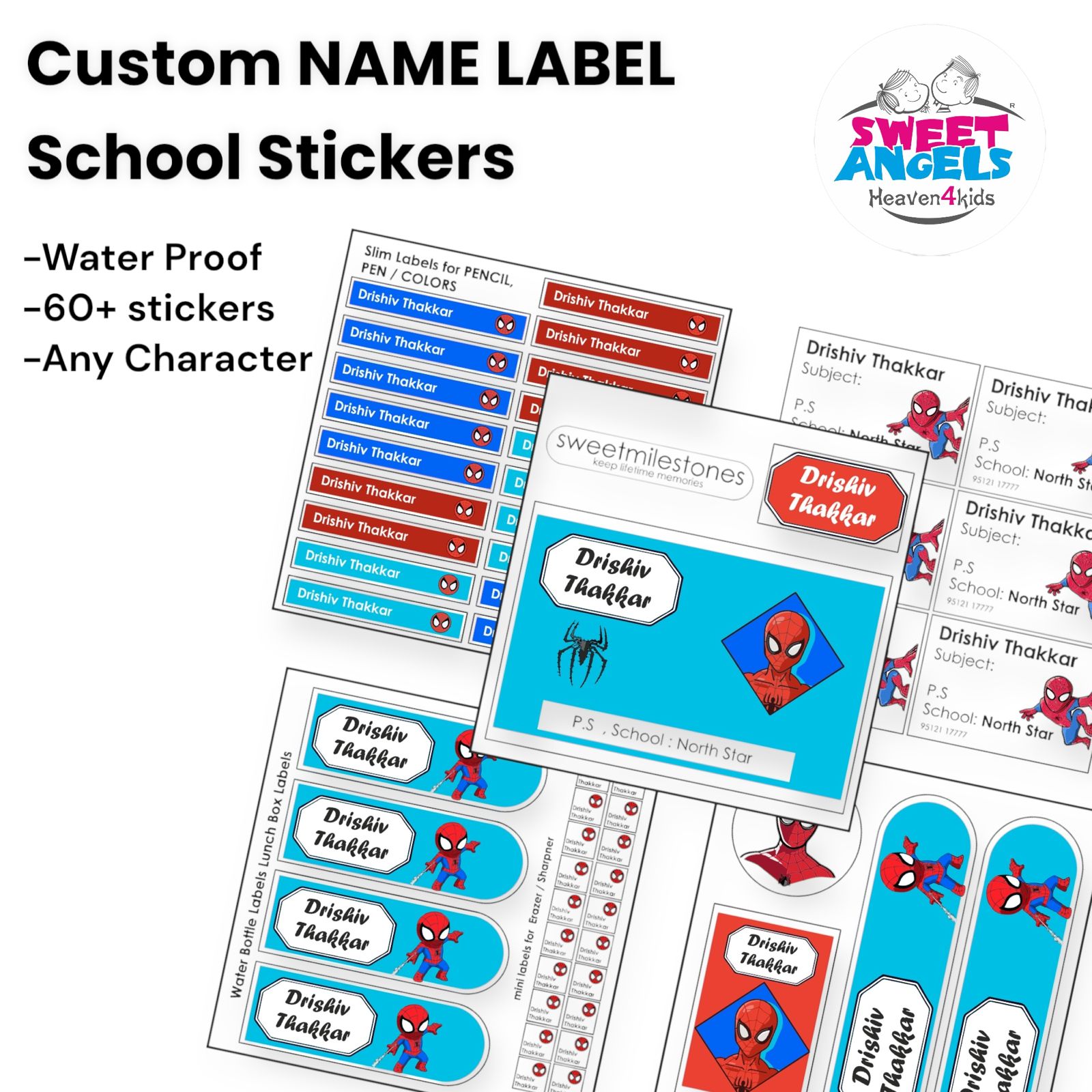 Custom Waterproof Name Label Stickers for Kids – 70+ Stickers | Personalized with Name, Class, School & Character Theme image 0