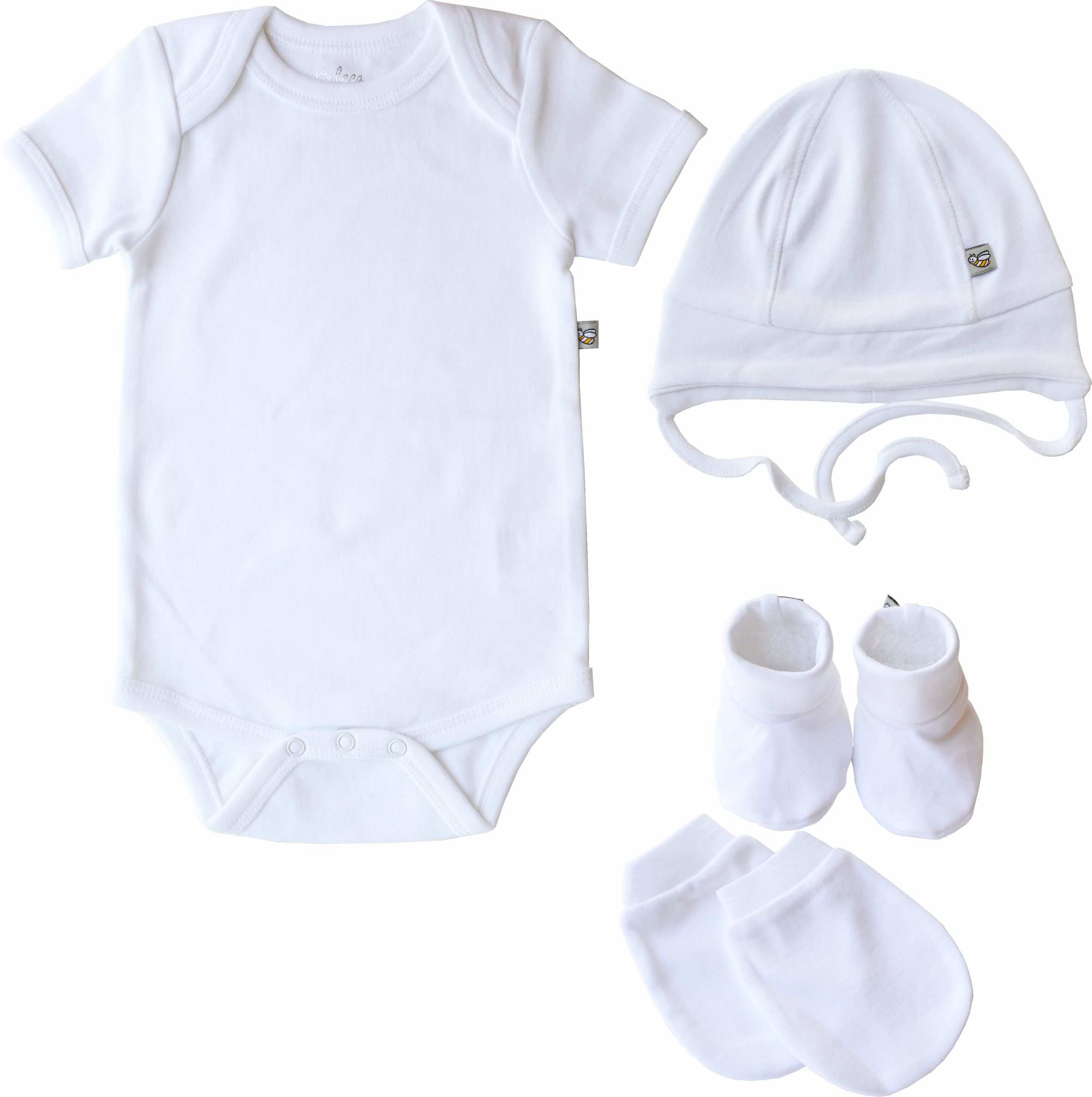 Baby Romper/Onesie White+Cap+Mitten Booties combo Set Organic