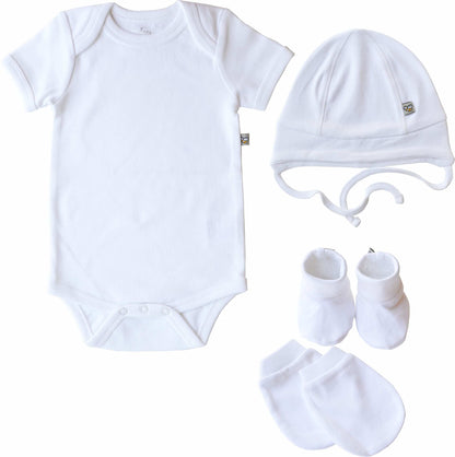 Baby Romper/Onesie White+Cap+Mitten Booties combo Set Organic