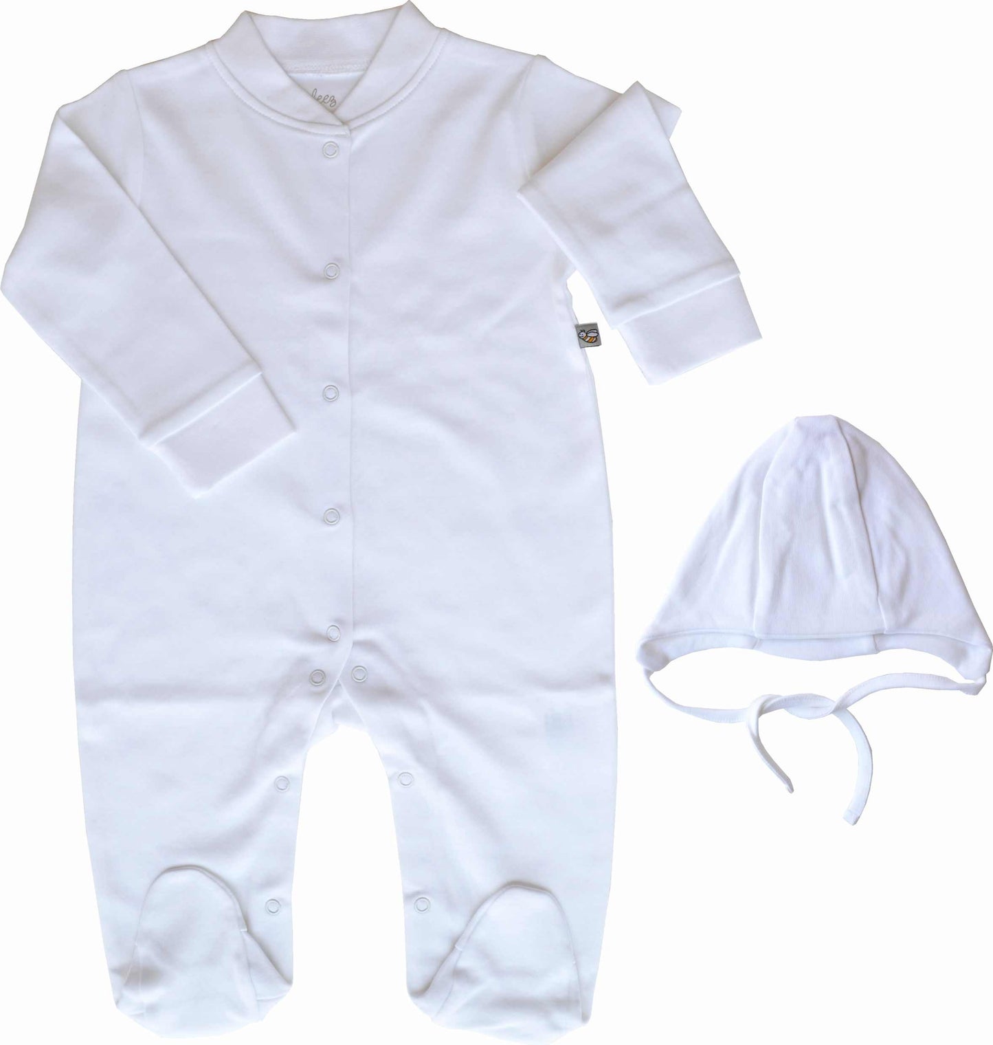 Baby White Full Sleeper/Romper with Feet+White Cap