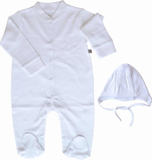 Baby White Full Sleeper/Romper with Feet+White Cap
