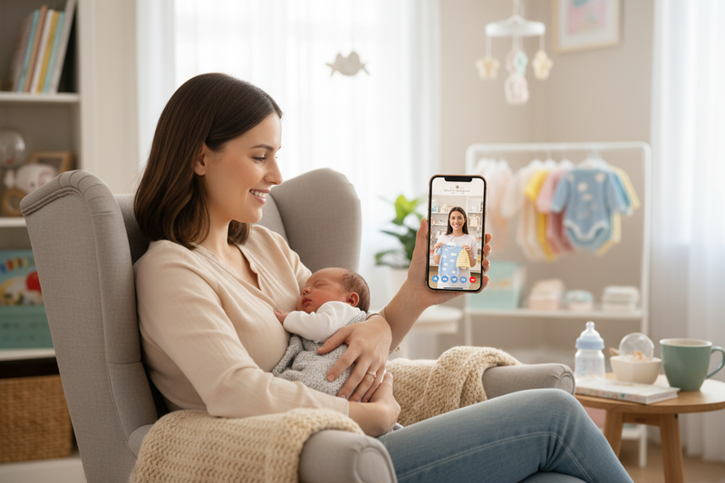 a mother holding a newborn baby in one hand making the baby sleep, while she is holding a smartphone in other hand and making a video call and shopping on video call with Sweet Angels baby shop Girl Staff in the video showing clothing for her baby