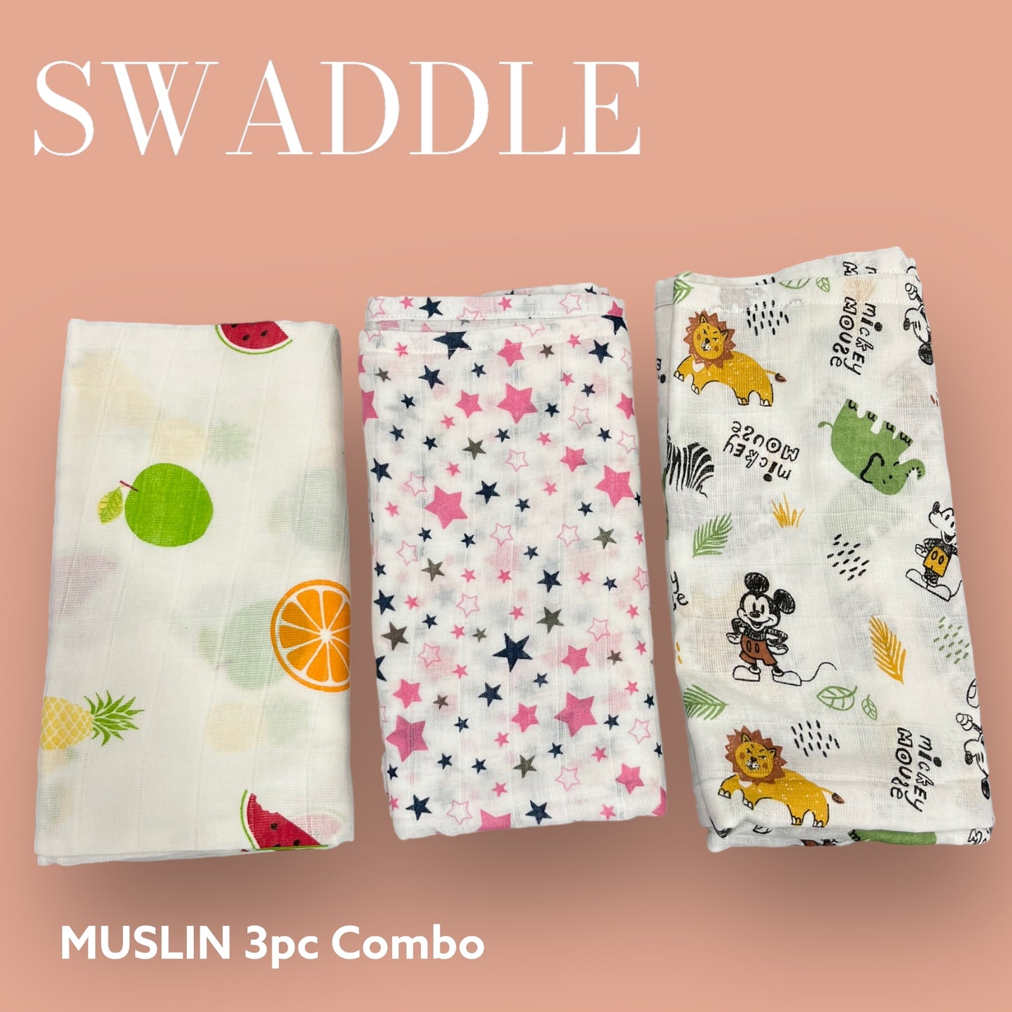 Muslin Swaddle Wrapper 3-Piece Combo – Soft, Breathable Baby Blankets with Adorable Prints image 1