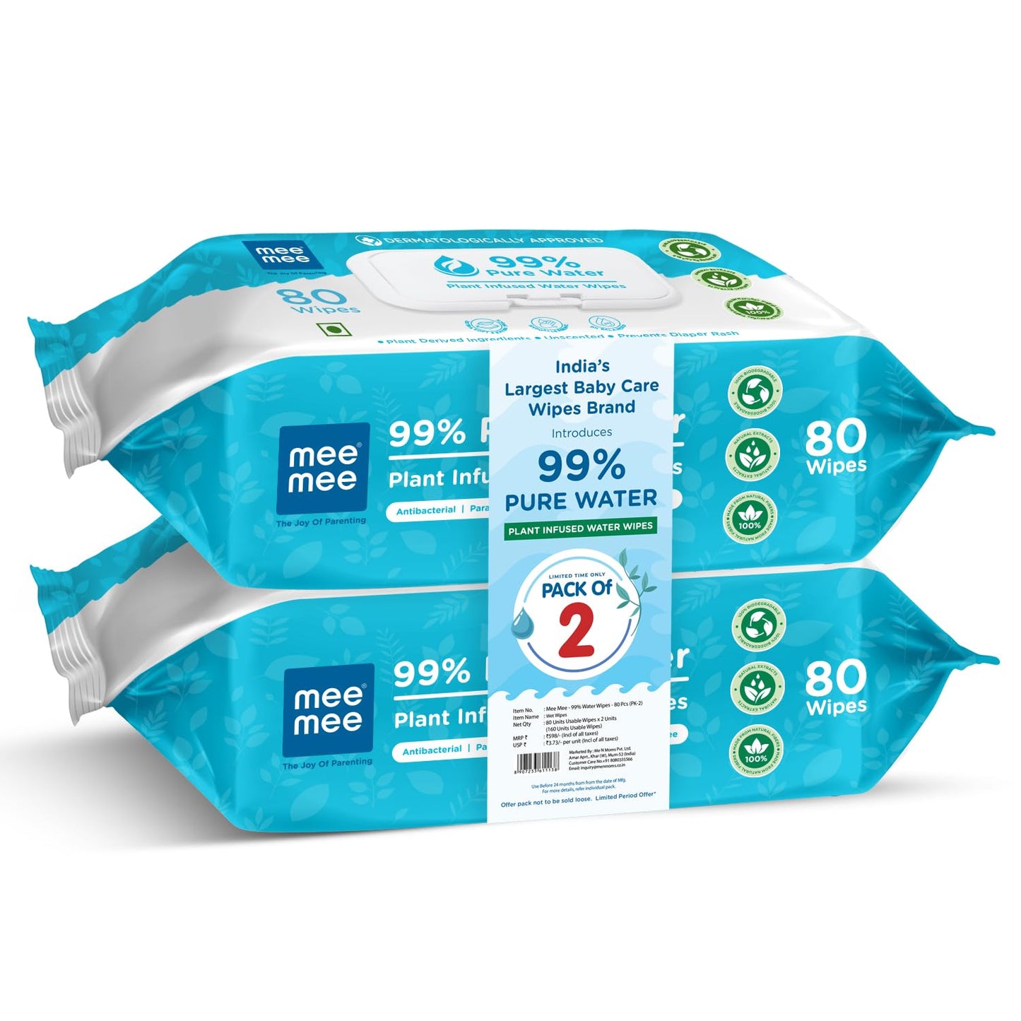 Mee Mee Pure Water Wet Wipes with Lid 80 pcs × 2 (160 Pcs)