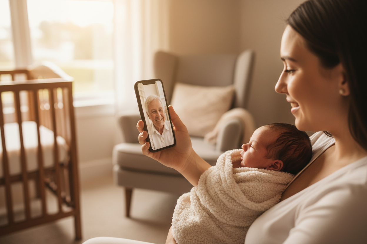 mother holding a newborn baby in one hand and talking on video call on smartphone in other hand