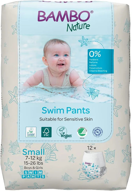Bambo Nature 7-12 kgs Disposable Swim Diaper Pants - Soft 360° Elastic Fit, Chemical-Free & Leakproof Pool Diapers Kids 12 Count