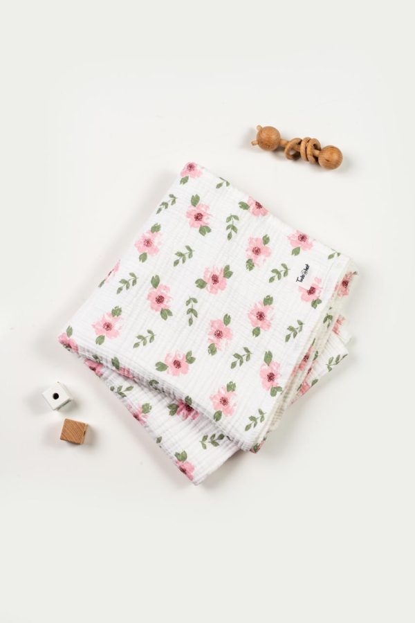 Muslin Swaddle Blanket 4layer Pink Flowers