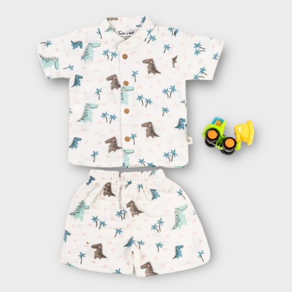 Muslin Co Ord Set Chinese colar Dino