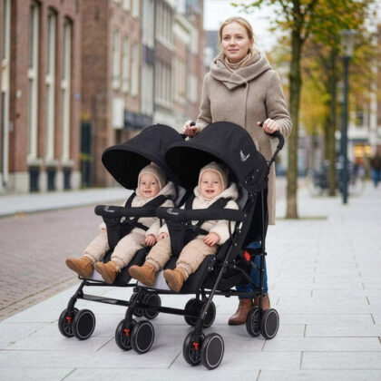 Ginny and Johnny Stroller Compact Fold, Dual Basket, Multi-Position Recline Seat, Rear Brake - Black Grey
