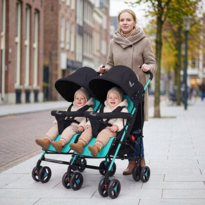 Ginny and Johnny Stroller Compact Fold, Dual Basket, Multi-Position Recline Seat, Rear Brake - Blue Black