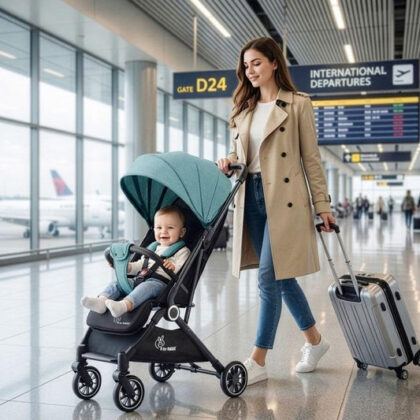Pocket Air Stroller One Hand Fold, Light Weight, Travel Friendly, Adjustable Canopy - Green Black