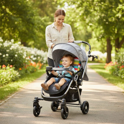 Chocolate Ride Stroller For Kids Reversible Handle, Multiple Recline Positions, Cup Holder with Meal Tray, 5 Point Safety Harness, Storage Basket - Rainbow