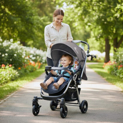 Chocolate Ride Stroller For Kids Reversible Handle, Multiple Recline Positions, Cup Holder with Meal Tray, 5 Point Safety Harness, Storage Basket - Grey Safari