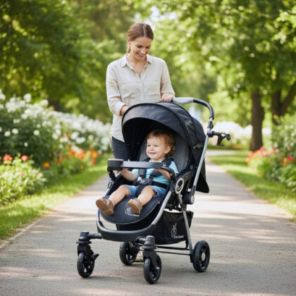 Chocolate Ride Stroller For Kids Reversible Handle, Multiple Recline Positions, Cup Holder with Meal Tray, 5 Point Safety Harness, Storage Basket - Black Grey