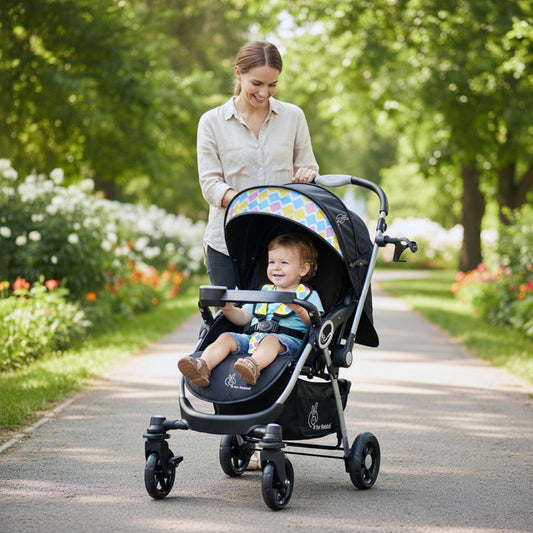 Chocolate Ride Stroller For Kids Reversible Handle, Multiple Recline Positions, Cup Holder with Meal Tray, 5 Point Safety Harness, Storage Basket - Black Multi