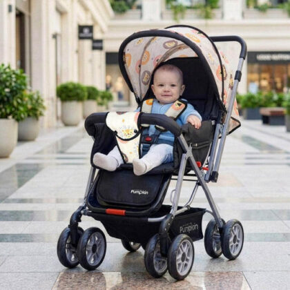 Kiddie Kingdom Stroller 3 Position Recline, Easy Fold, Reversible Handle, Rear Wheel Brakes - Black Safari