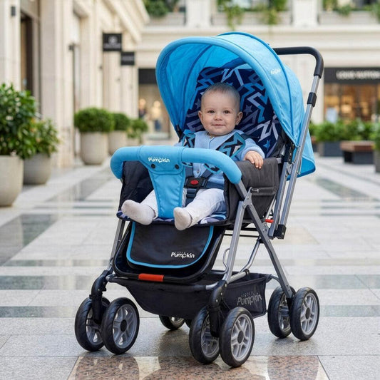 Kiddie Kingdom Stroller 3 Position Recline, Easy Fold, Reversible Handle, Rear Wheel Brakes - Blue Black
