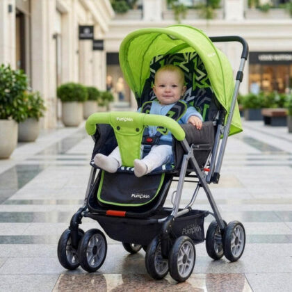 Kiddie Kingdom Stroller 3 Position Recline, Easy Fold, Reversible Handle, Rear Wheel Brakes - Green Black