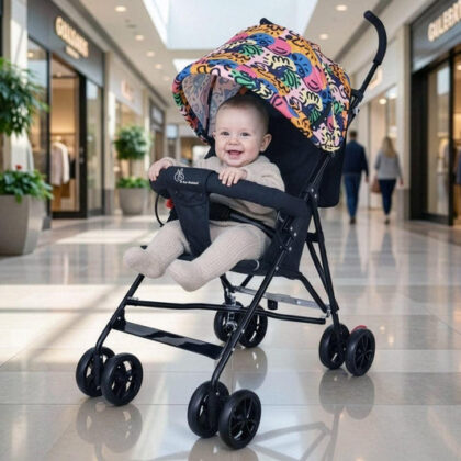 Pixie Buggy Stroller Easy to Fold and Store, UV Sun Protection Canopy, Rear Brakes, Storage Bag - Black Multi