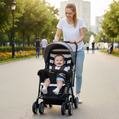 Lollipop Lite Stroller Travel Friendly, Easy To Fold, Reversible Handle, Wheel Lock, Adjustable Leg Rest - Black Stripes