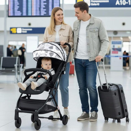 Pocket Stroller Lite One Hand Fold, Multi Recline, Light Weight, Travel Friendly, Adjustable Canopy, Steel Frame, Link Brake, 0-3 Years - Black White