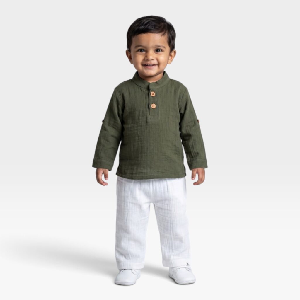 Muslin Kurta & Pant Set Unisex baby and toddler group green