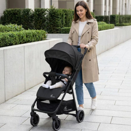 Poppins Neo Baby Stroller, Travel Stroller with 5-Point Harness & One-Hand Fold - Pure Black